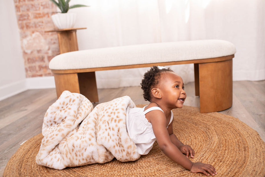 Ultra-Soft Jaguar Faux Fur Printed Blanket for Babies -Tan - Satin Trimmed - 29x36"