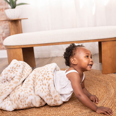 Ultra-Soft Jaguar Faux Fur Printed Blanket for Babies -Tan - Satin Trimmed - 29x36