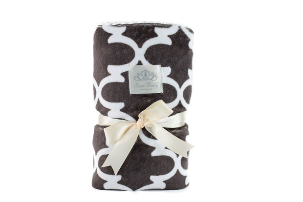 Ultra-Soft Baby Blanket – Chic Grey &amp; Cream Geometric Print, Cream Velour Lined, Cream Satin Trimmed - 29x36"