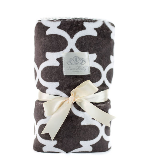 Ultra-Soft Baby Blanket – Chic Grey &amp; Cream Geometric Print, Cream Velour Lined, Cream Satin Trimmed - 29x36"