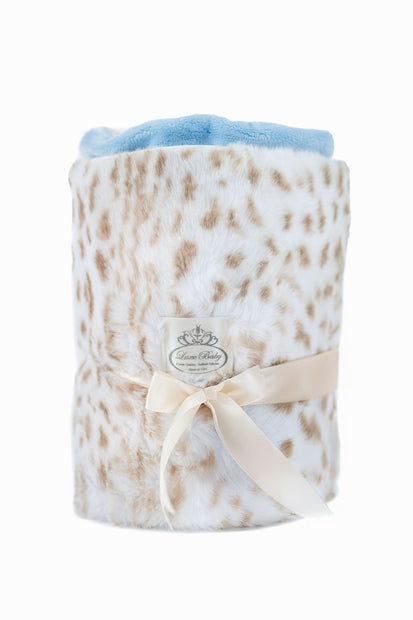 Ultra-Soft Jaguar Faux Fur Printed Blanket for Babies -Tan with Blue back- Satin Trimmed - 29x36"