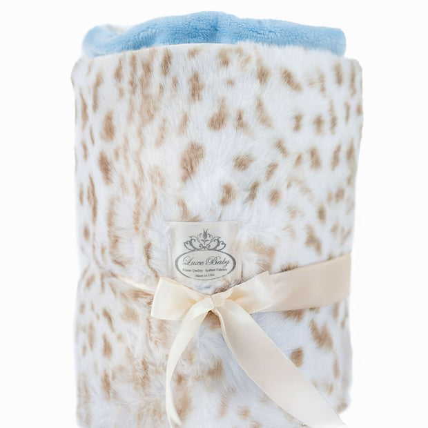 Ultra-Soft Jaguar Faux Fur Printed Blanket for Babies -Tan with Blue back- Satin Trimmed - 29x36"