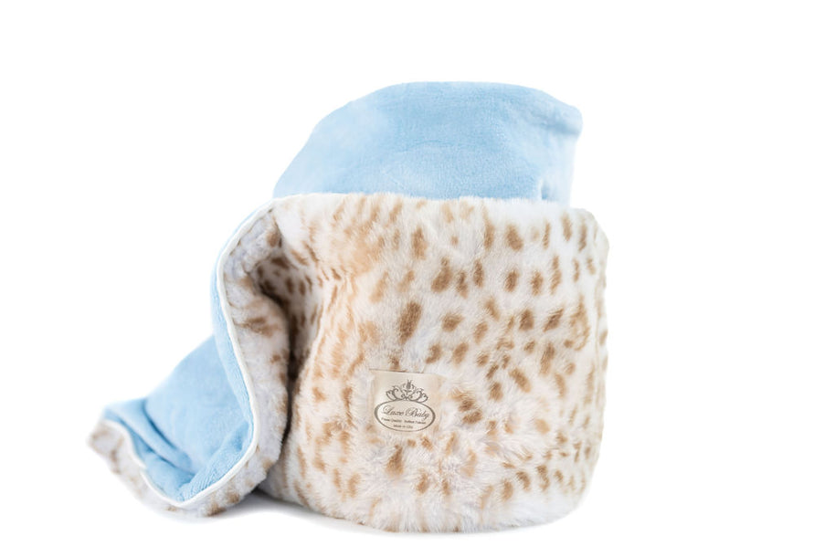 Ultra-Soft Jaguar Faux Fur Printed Blanket for Babies -Tan with Blue back- Satin Trimmed - 29x36"