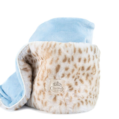 Ultra-Soft Jaguar Faux Fur Printed Blanket for Babies -Tan with Blue back- Satin Trimmed - 29x36