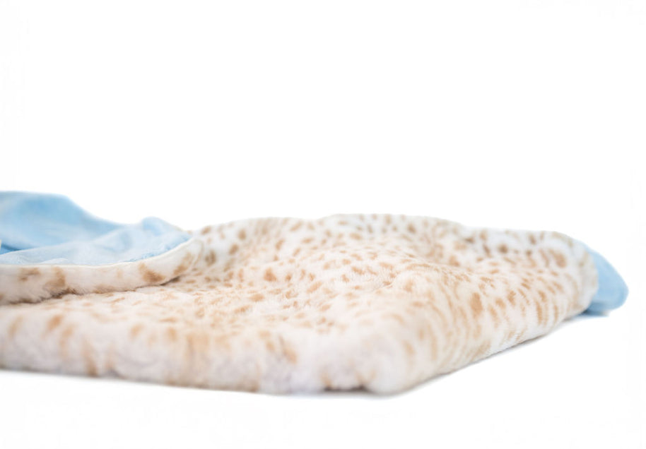 Ultra-Soft Jaguar Faux Fur Printed Blanket for Babies -Tan with Blue back- Satin Trimmed - 29x36"