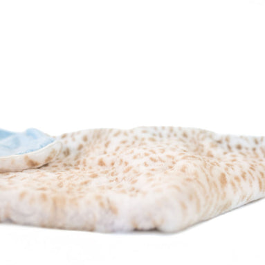 Ultra-Soft Jaguar Faux Fur Printed Blanket for Babies -Tan with Blue back- Satin Trimmed - 29x36