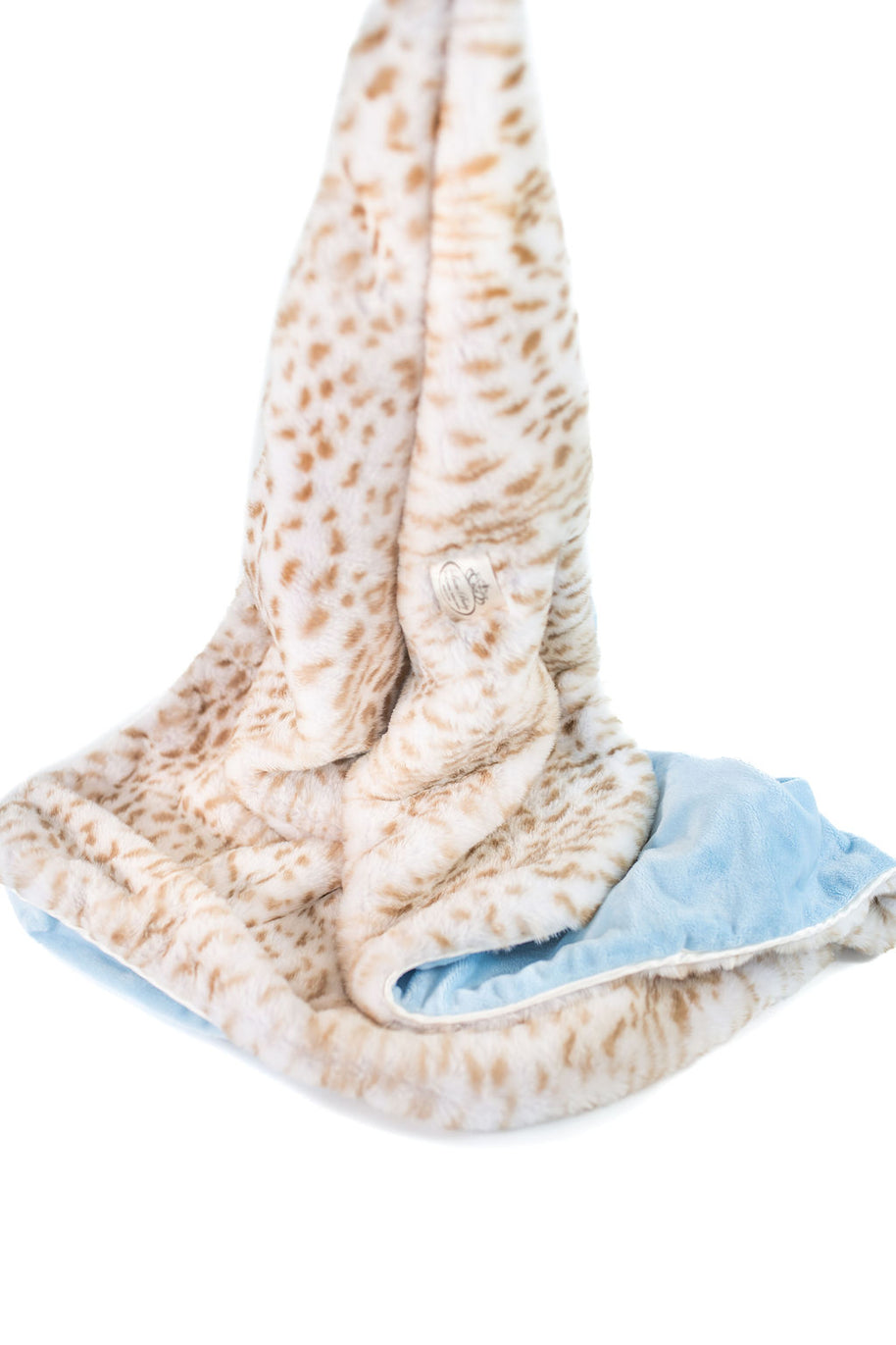 Ultra-Soft Jaguar Faux Fur Printed Blanket for Babies -Tan with Blue back- Satin Trimmed - 29x36"