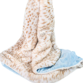 Ultra-Soft Jaguar Faux Fur Printed Blanket for Babies -Tan with Blue back- Satin Trimmed - 29x36