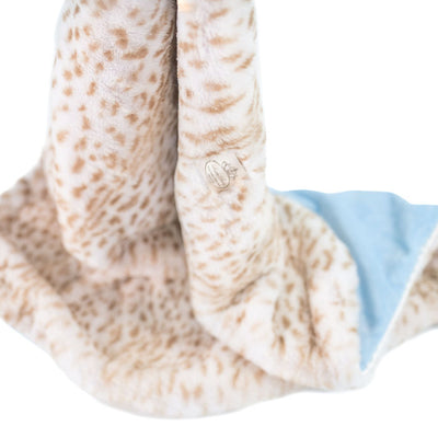 Ultra-Soft Jaguar Faux Fur Printed Blanket for Babies -Tan with Blue back- Satin Trimmed - 29x36