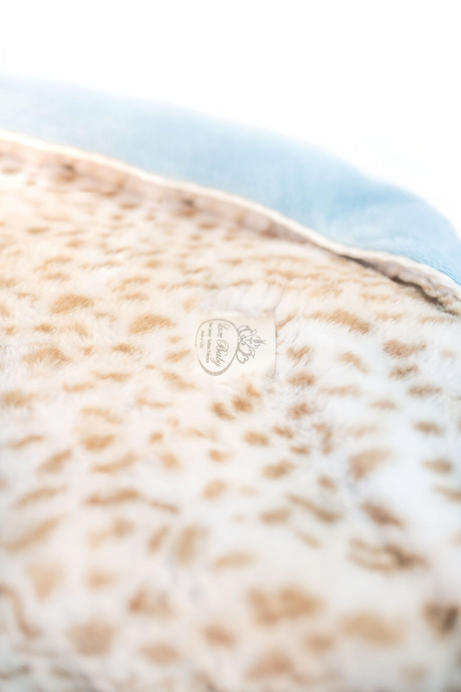 Ultra-Soft Jaguar Faux Fur Printed Blanket for Babies -Tan with Blue back- Satin Trimmed - 29x36"