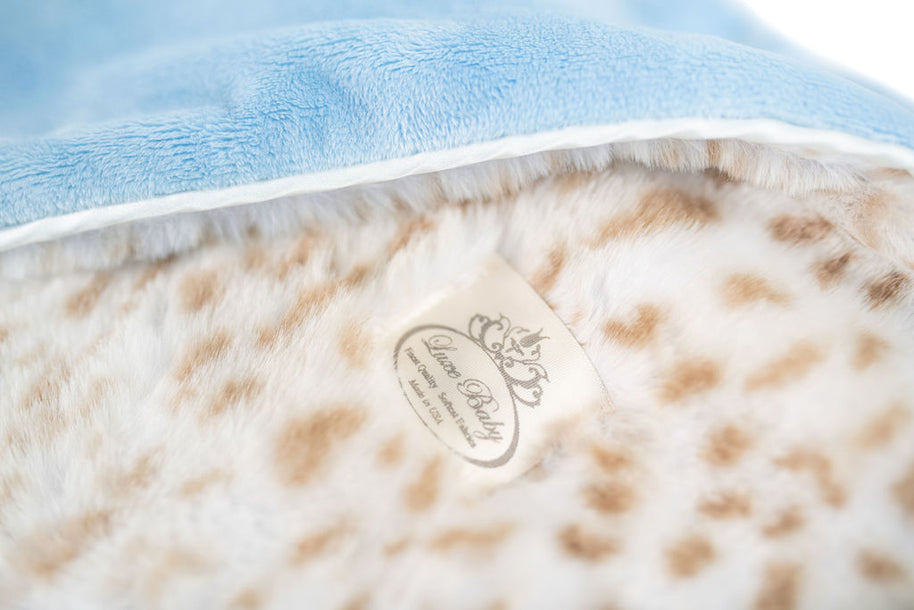 Ultra-Soft Jaguar Faux Fur Printed Blanket for Babies -Tan with Blue back- Satin Trimmed - 29x36"