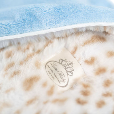 Ultra-Soft Jaguar Faux Fur Printed Blanket for Babies -Tan with Blue back- Satin Trimmed - 29x36