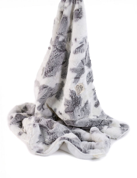 Moo-velous Cow Print Baby Blanket – Grey & Cream Plush, Velour Lined, Satin Trimmed- 29x36"