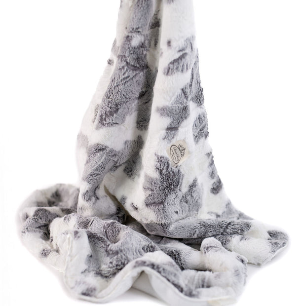 Moo-velous Cow Print Baby Blanket – Grey & Cream Plush, Velour Lined, Satin Trimmed- 29x36"