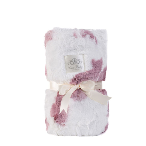 Moo-velous Cow Print Baby Blanket – Mauve Pink & Cream Plush, Velour Lined, Satin Trimmed- 29x36"