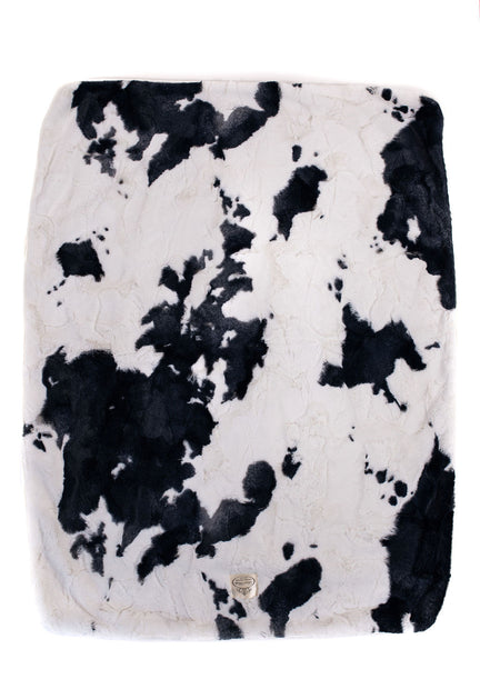 Moo-velous Cow Print Baby Blanket – Black & Cream Plush, Velour Lined, Satin Trimmed- 29x36"