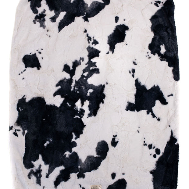 Moo-velous Cow Print Baby Blanket – Black & Cream Plush, Velour Lined, Satin Trimmed- 29x36"