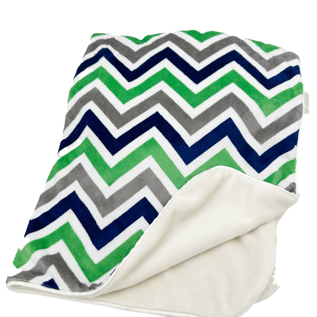 Zig-Zag Sunshine Baby Blanket – Key Lime, Grey & Navy, Plush & Vibrant, Satin Trimmed  - 29x36"