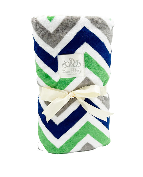 Zig-Zag Sunshine Baby Blanket – Key Lime, Grey & Navy, Plush & Vibrant, Satin Trimmed  - 29x36"