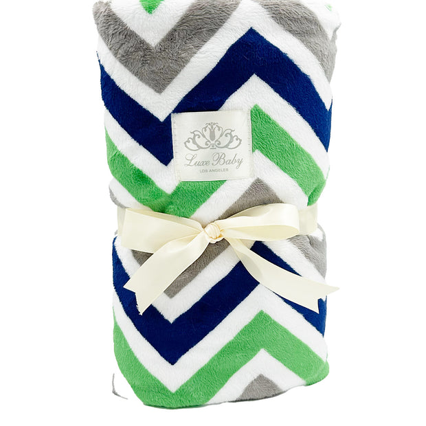Zig-Zag Sunshine Baby Blanket – Key Lime, Grey & Navy, Plush & Vibrant, Satin Trimmed  - 29x36"