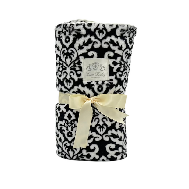 Plush Baby Blanket – Dark Grey & White Damask Print, Cream Velour Backing, Cream Satin Trimmed - 29x36"